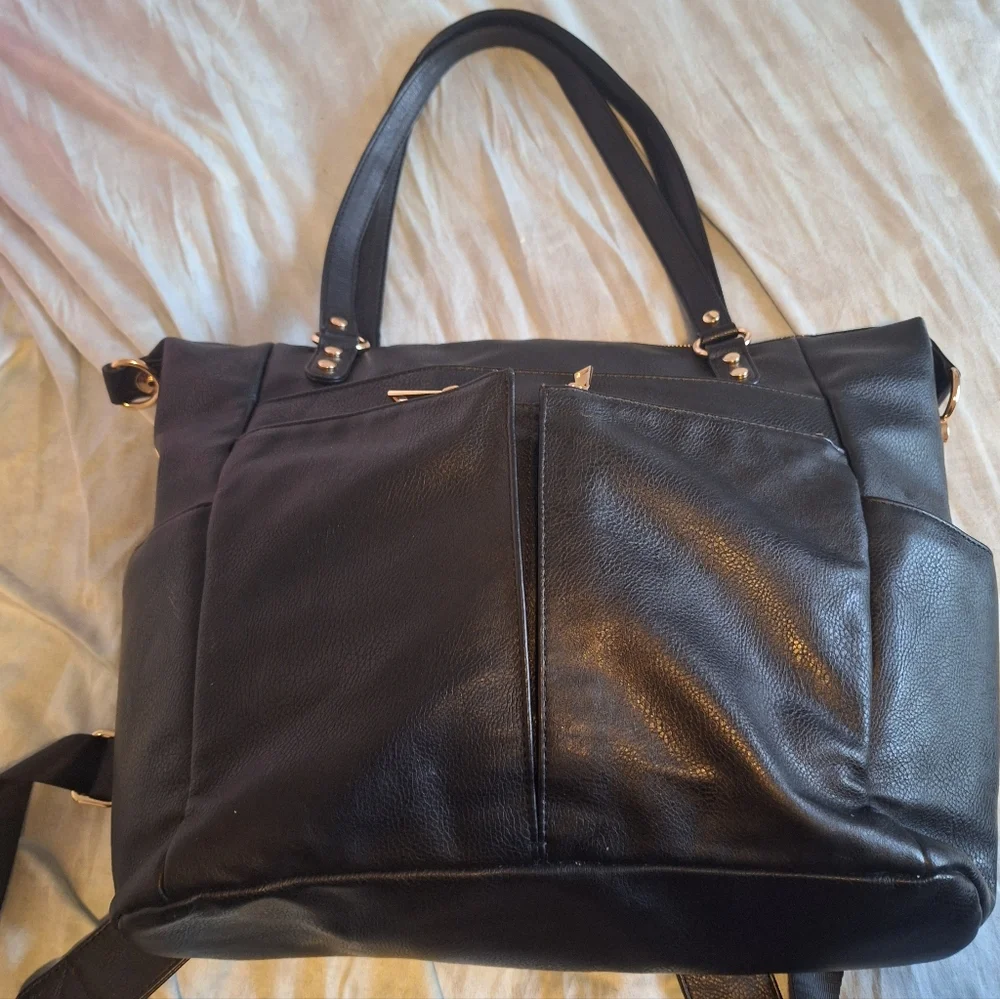 Mominside Black Leather Baby Diaper Bag Backpack, 14 Pockets & Changing Pad - Picture 8 of 16